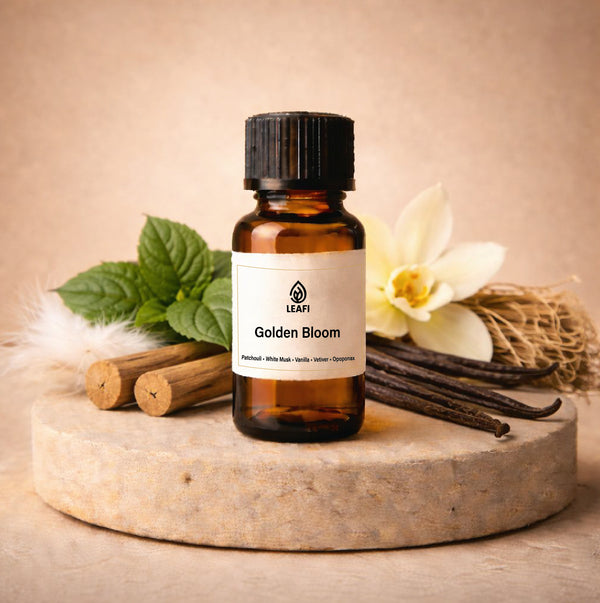 Golden Bloom Fragrance Oil bottle - premium diffuser fragrance oil by LEAFI Aroma UAE