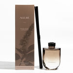 Allure Black Oudh and Patchouli 400ml reed diffuser bottle with packaging and black reeds