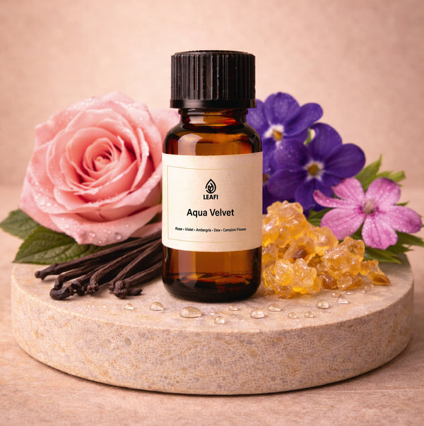 LEAFI Aqua Velvet fragrance oil 10ml bottle with rose, violet, ambergris crystals and campion flower – fresh aquatic diffuser oil for home in Dubai and UAE