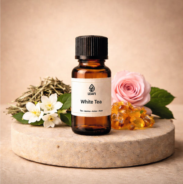 LEAFI White Tea fragrance oil 10ml bottle with jasmine, rose and amber – spa-inspired diffuser oil for home use in Dubai and UAE