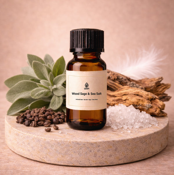 Wood Sage & Sea Salt fragrance oil bottle with sage leaves and sea salt – LEAFI Aroma UAE