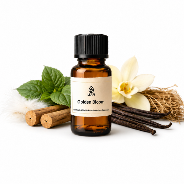 LEAFI golden-bloom fragrance oil on white background
