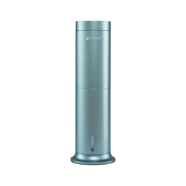 LEAFI Aura 200 aroma diffuser in Aqua Blue - front view showing the LEAFI logo