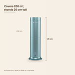 LEAFI Aura 200 dimensions - 26 cm tall, 8 cm body, covers up to 200 cubic metres