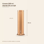 LEAFI Aura 200 dimensions - 26 cm tall, 8 cm body, covers up to 200 cubic metres