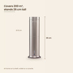LEAFI Aura 200 dimensions - 26 cm tall, 8 cm body, covers up to 200 cubic metres