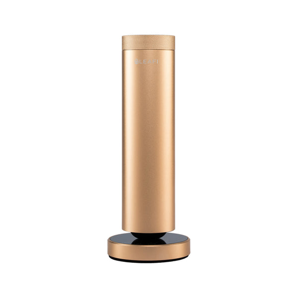 LEAFI Aura 300 smart aroma diffuser in Gold - front view showing the LEAFI logo