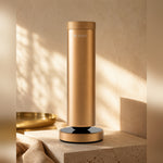 LEAFI Aura 300 Gold on a travertine pedestal in warm afternoon light