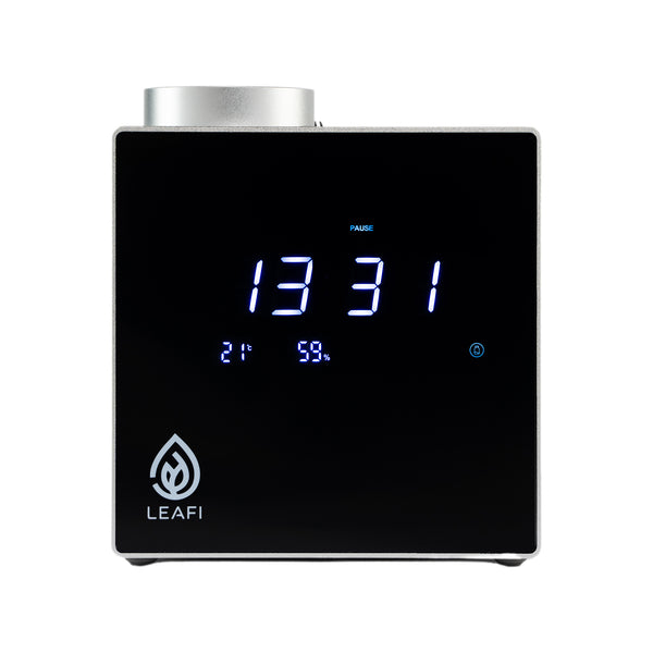 LEAFI Aura 100 smart aroma diffuser in Silver - front view with display on