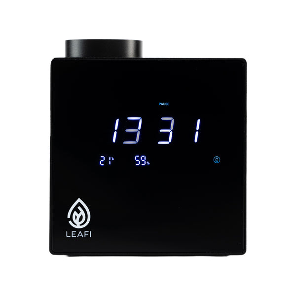 LEAFI Aura 100 smart aroma diffuser in Titanium - front view with display on