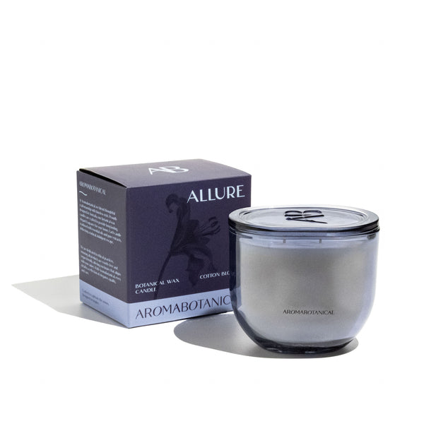 LEAFI Allure Cotton Blossom & Lily candle (400g) with packaging on a white background.