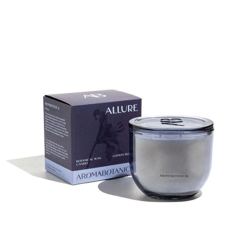 LEAFI Allure Cotton Blossom & Lily candle (400g) with packaging on a white background.