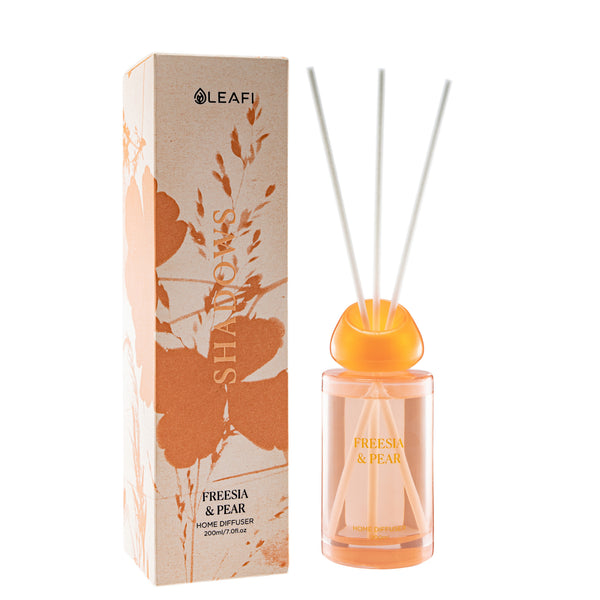 LEAFI Shadows Freesia & Pear home diffuser (200ml) with packaging on a white background.