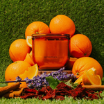 LEAFI Allure Orange & Sandalwood candle (400g) surrounded by oranges, herbs, and spices on a green grass background.