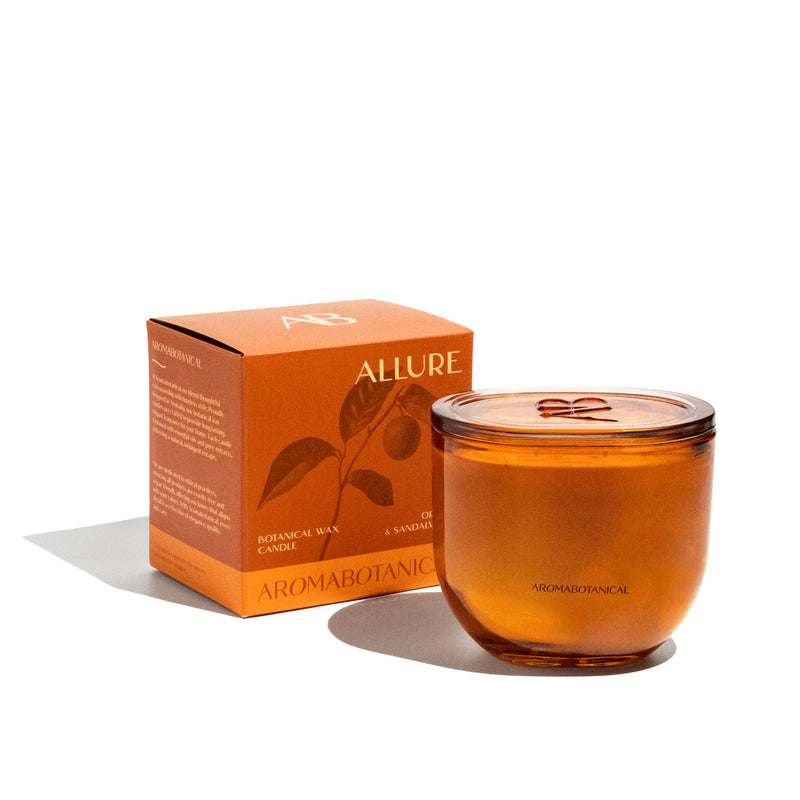 LEAFI Allure Orange & Sandalwood candle (400g) in an elegant amber glass jar.