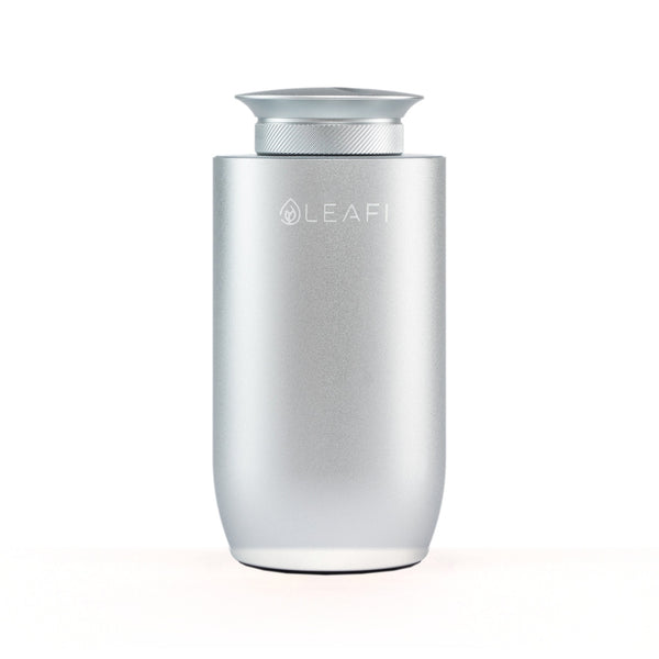 LEAFI X-AIR waterless car diffuser in Silver - front view showing the LEAFI logo