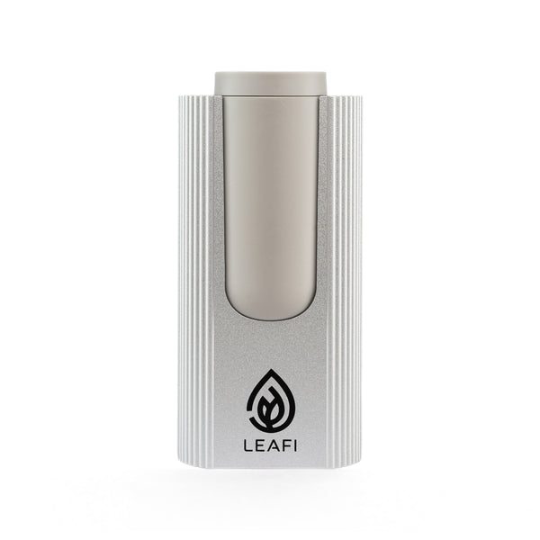 LEAFI Y-AIR waterless car diffuser in Silver - front view showing the LEAFI logo