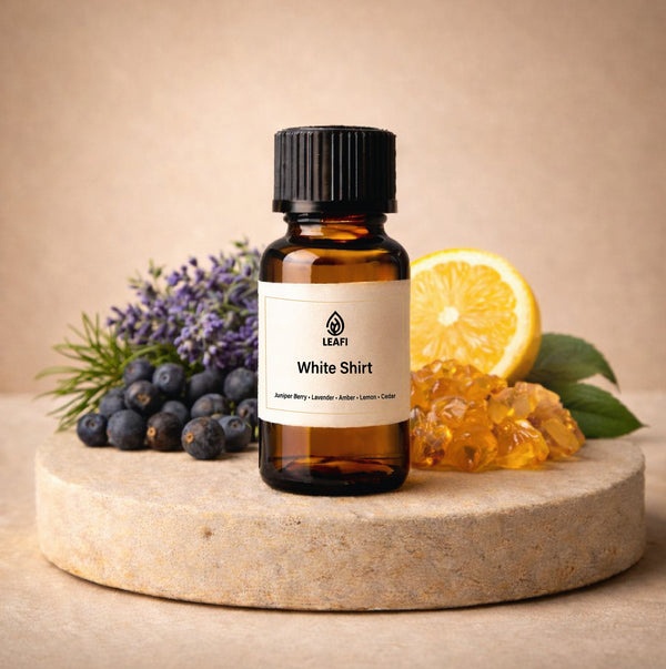 LEAFI White Shirt fragrance oil 10ml bottle with lavender, juniper berry, lemon and amber – clean cotton diffuser oil for home and office in UAE