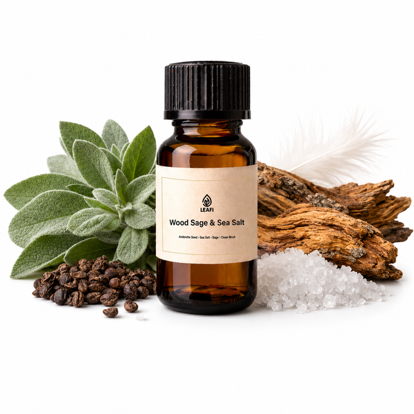 LEAFI Wood Sage & Sea Salt fragrance oil on white background